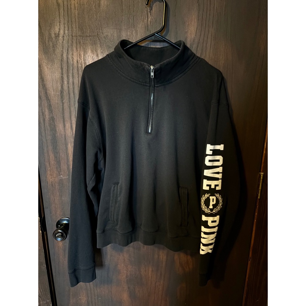 Pink Victorias Secret Quarter Zip Sweatshirt Black Love Pink Sleeve Graphic L - Picture 3 of 4